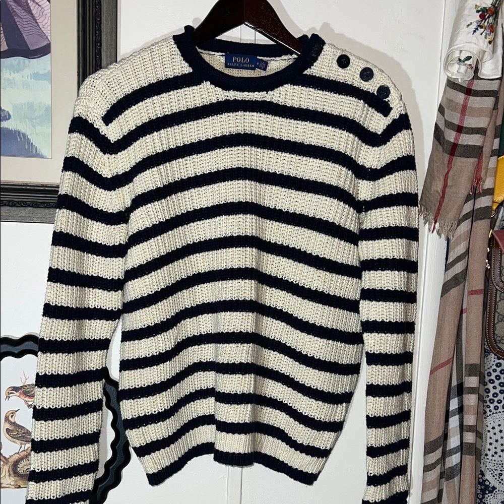 Polo by Ralph Lauren Women's Navy and Ivory Striped Sweater